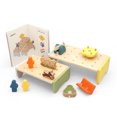 Wooden toy set with pegboards, figures, and a book on a white background