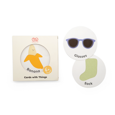 Educational card set with 'Glasses' and 'Sock' illustrations on a white background