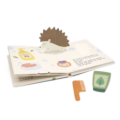 Children's book with a hedgehog illustration and accessories on a white background